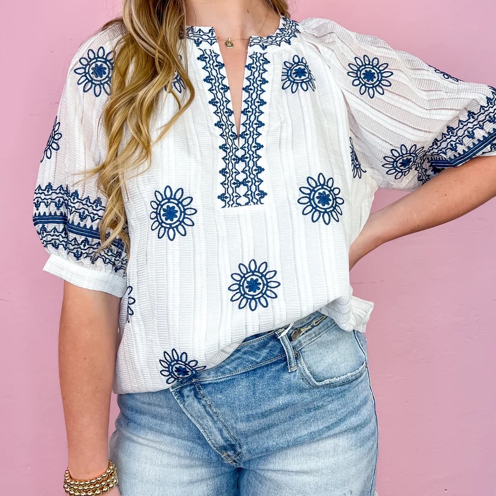 THML White Blouse with Navy Blue Embroidery - Picture 1 of 11